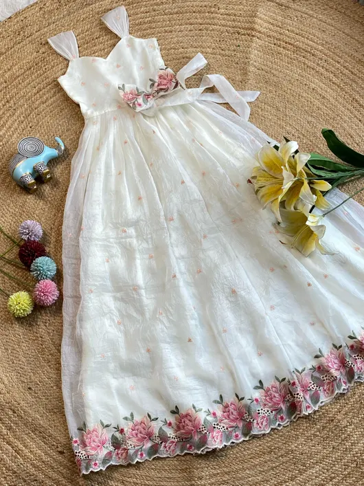 Elegant Design – Delicate and Dreamy Crush Organza Dress with Beautiful Thread Embroidery and a Charming Bow Tie-up